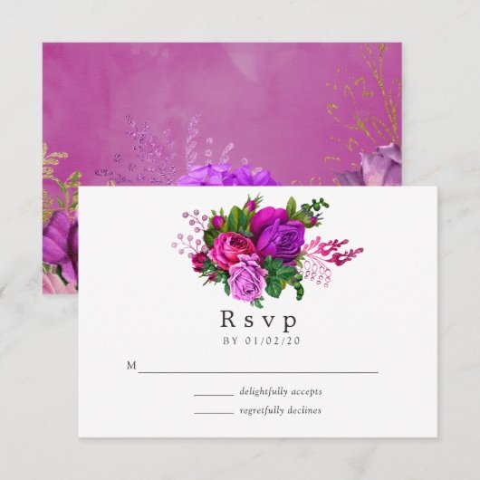 Retro Chic Fuchsia en Paarse Bruiloft RSVP Kaartje (Voorkant / Achterkant)