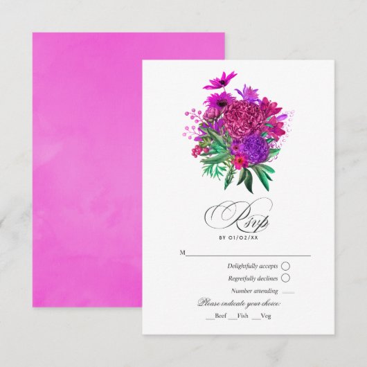 Retro Chic Fuchsia en Paarse Bruiloft RSVP Kaartje (Voorkant / Achterkant)