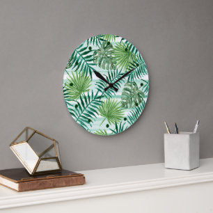 Retro Chic Green Palm laat Waterverf kunst Grote Klok