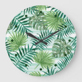 Retro Chic Green Palm laat Waterverf kunst Grote Klok (Voorkant)