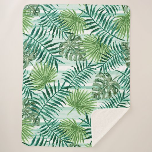 Retro Chic Green Palm laat Waterverf kunst Sherpa Deken (Voorkant)