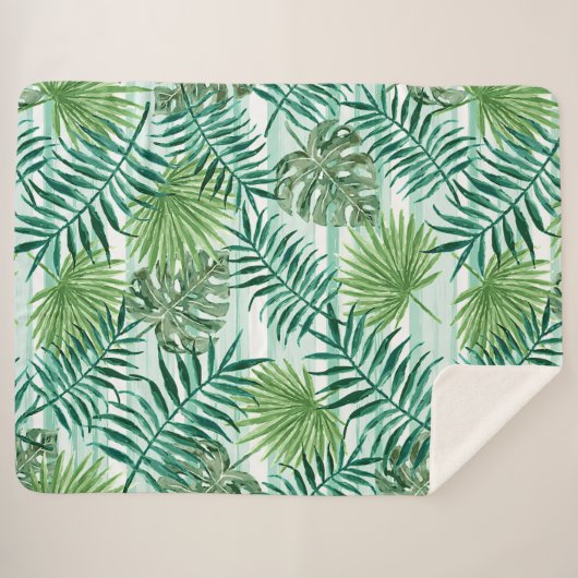 Retro Chic Green Palm laat Waterverf kunst Sherpa Deken (Voorkant (horizontaal))