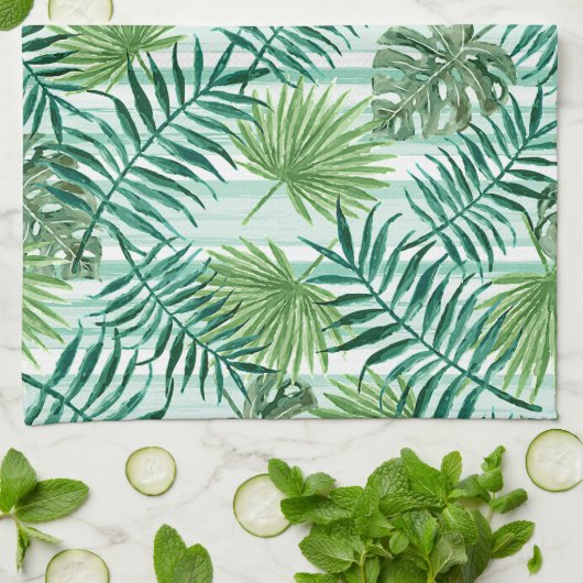 Retro Chic Green Palm laat Waterverf kunst Theedoek (Gevouwen)