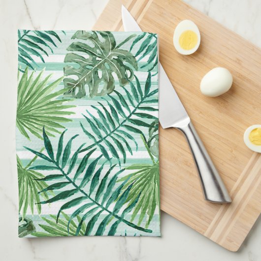 Retro Chic Green Palm laat Waterverf kunst Theedoek (Quarter Fold)