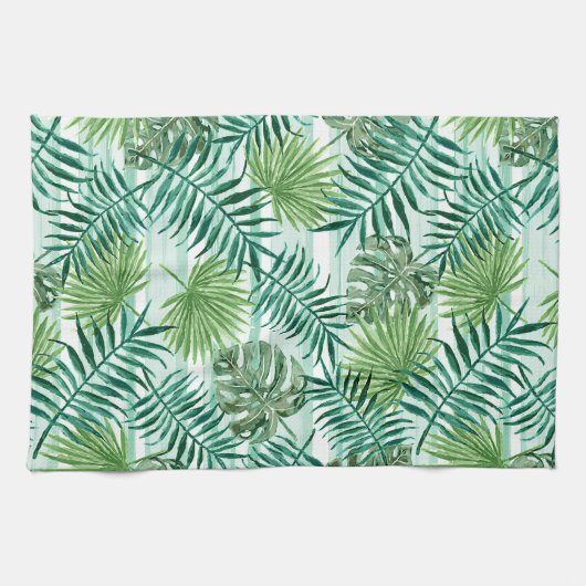 Retro Chic Green Palm laat Waterverf kunst Theedoek (Horizontaal)