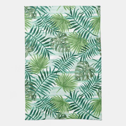 Retro Chic Green Palm laat Waterverf kunst Theedoek (Verticaal)