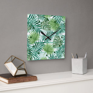 Retro Chic Green Palm laat Waterverf kunst Vierkante Klok