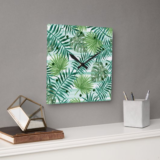 Retro Chic Green Palm laat Waterverf kunst Vierkante Klok (Kantoor)