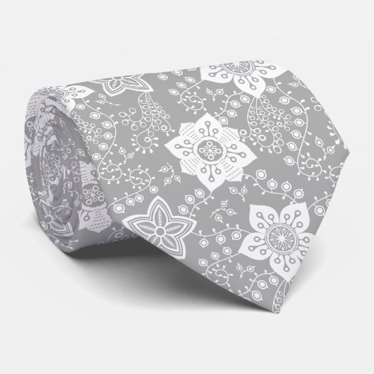 Retro Chic Klasse Witte Bloemen Kunst Patroon Stropdas (Opgerold)