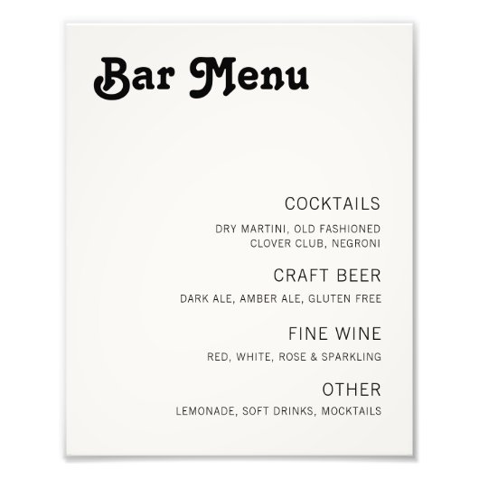 Retro Chic Modern Bar-menu Foto Afdruk (Voorkant)