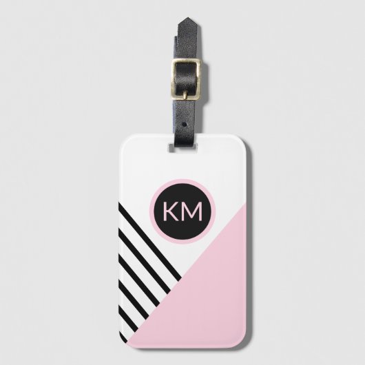 Retro Chic Pink en Black Geometric met Monogram Bagagelabel (Voorkant (verticaal))