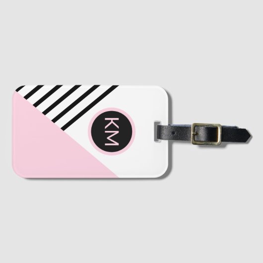 Retro Chic Pink en Black Geometric met Monogram Bagagelabel (Voorkant (horizontaal))