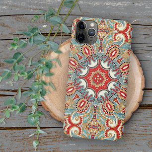 Retro Chic Red Blauwgroen Floral Mosaic Pattern iPhone 13 Pro Max Hoesje