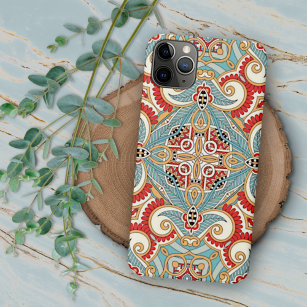  Retro Chic Red Blauwgroen Floral Mosaic Pattern iPhone 13 Pro Max Hoesje