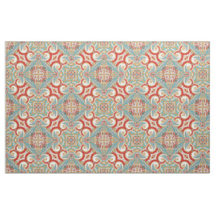 Retro  Chic Red Blauwgroen Floral Mosaic Pattern Stof