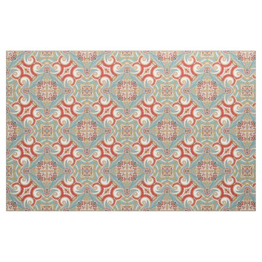 Retro Chic Red Blauwgroen Floral Mosaic Pattern Stof (Fat Quarter)