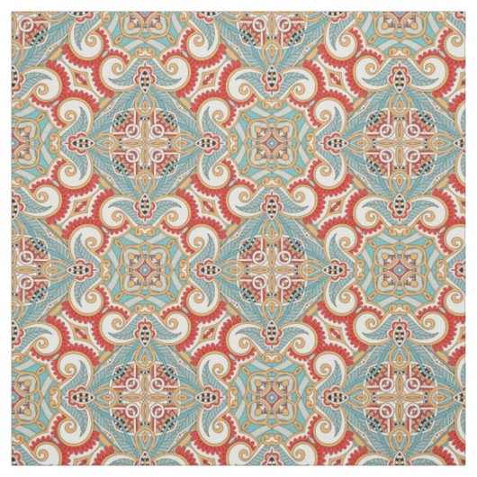 Retro Chic Red Blauwgroen Floral Mosaic Pattern Stof (Swatch)