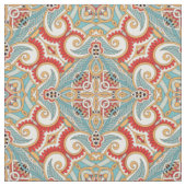 Retro Chic Red Blauwgroen Floral Mosaic Pattern Stof (Close Up)