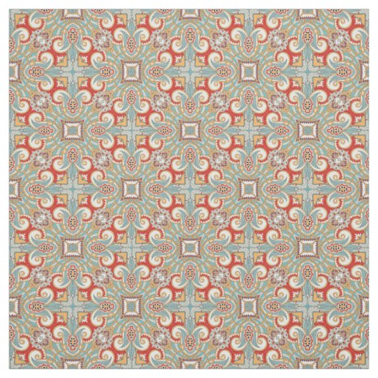 Retro Chic Red Blauwgroen Floral Mosaic Pattern Stof (Swatch)