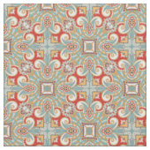 Retro Chic Red Blauwgroen Floral Mosaic Pattern Stof (Close Up)