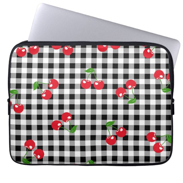 Retro Chic Red Cherry & Black White Gingham Trendy Laptop Sleeve (Voorkant)