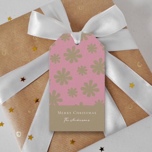 Retro Chic Roze en Goud Bloemen Vrolijk Kerstfeest Cadeaulabel