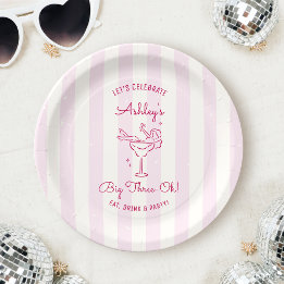 Retro Chic Roze Handgetekende Cocktail 30e Verjaar Papieren Bordje
