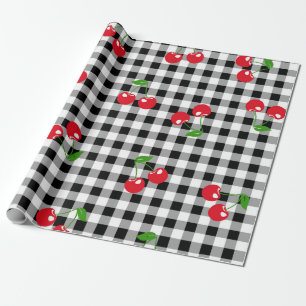 Retro Chic Schattige Rode Kersen Zwart & Wit Gingh Cadeaupapier