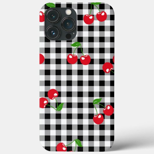 Retro Chic Schattige Rode Kersen Zwart & Wit Gingh Case-Mate iPhone Case (Achterkant)