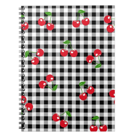 Retro Chic Schattige Rode Kersen Zwart Wit Gingham Notitieboek (Voorkant)