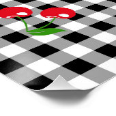 Retro Chic Schattige Rode Kersen Zwart Wit Gingham Perfect Poster (Hoek)
