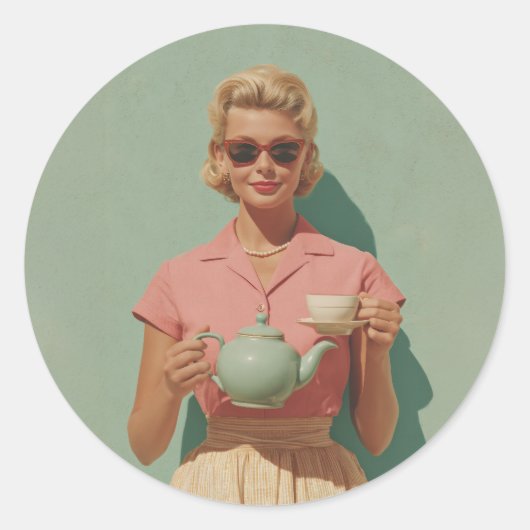 Retro Chic Tea Party Ronde Sticker (Voorkant)