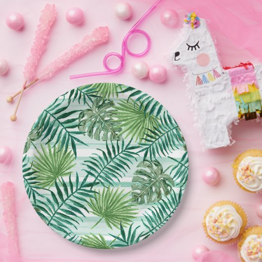Retro Chic Tropical Green Palm laat kunstpatroon a Papieren Bordje (Feest)