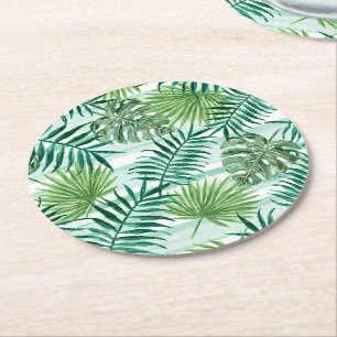 Retro Chic Tropical Green Palm laat kunstpatroon a Ronde Kartonnen Onderzetter