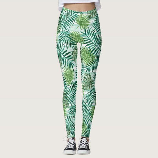 Retro Chic Tropical Green Palm Leaves Pattern Leggings (Voorkant)