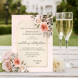 Retro Chic Watercolor Blush Pink Roses Wedding Kaart