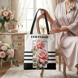 Retro Chic Zwart en Wit Roze Rozen Bruiloft Tote Bag
