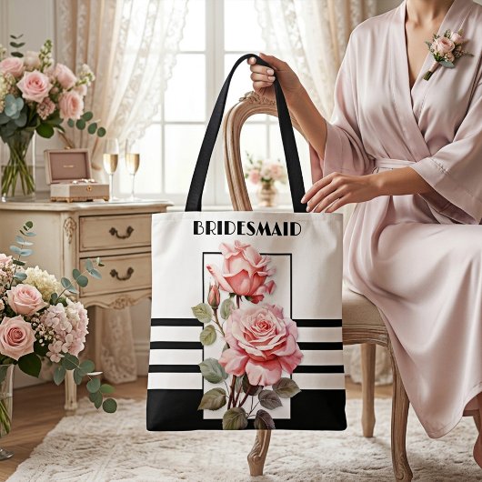 Retro Chic Zwart en Wit Roze Rozen Bruiloft Tote Bag