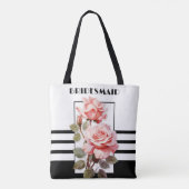 Retro Chic Zwart-Wit Roze Rozen Bruiloft Tote Bag (Achterkant)