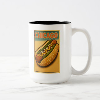Retro Chicago Hot Dog Logo Tweekleurige Koffiemok