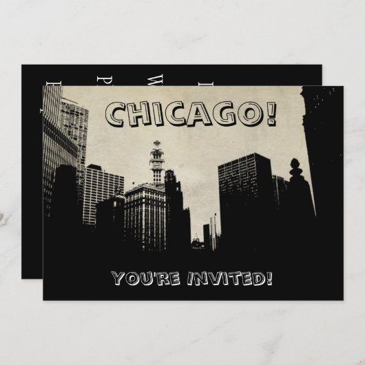 Retro Chicago Skyline Artwork Uitnodiging (Voorkant / Achterkant)