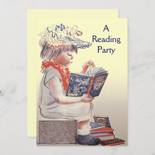 Retro Child Reading Party Book Club Invitation Kaart (Voorkant / Achterkant)