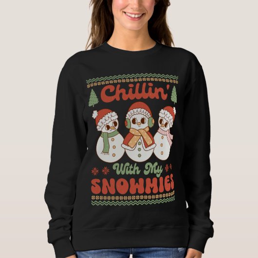 Retro "Chillin' With My Snowmies" Grappig Kerstfee Trui (Voorkant)