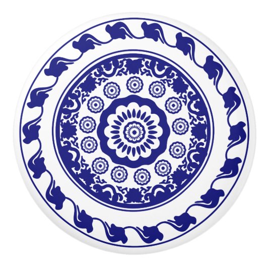 Retro Chinoiserie Blauw en Wit Patroon Keramische Knop (Voorkant)