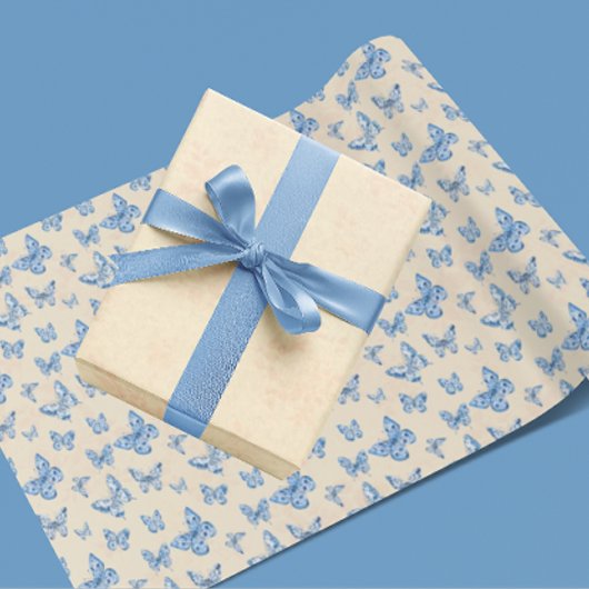Retro Chinoiserie Blue Butterflies Blush Ivory Cadeaupapier