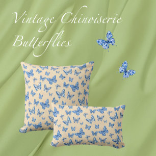 Retro Chinoiserie Blue Butterflies Blush Ivory Kussen
