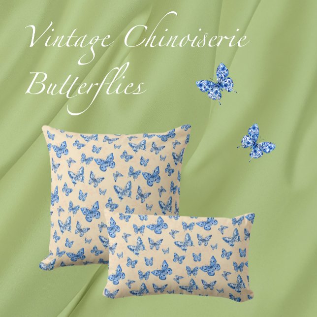 Retro Chinoiserie Blue Butterflies Blush Ivory Kussen (Creator heeft geüpload)