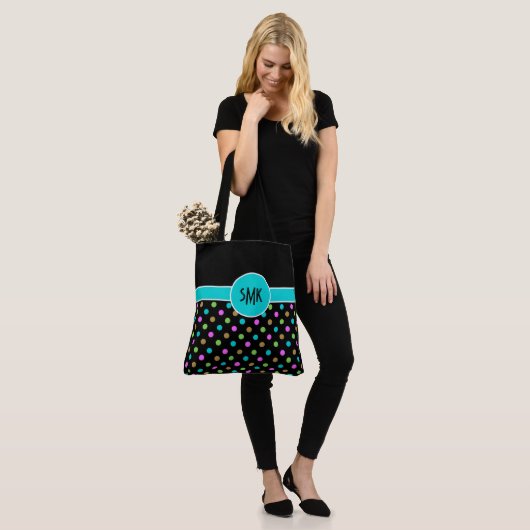 Retro chique polka stippen groot monogram tote bag (Op model)
