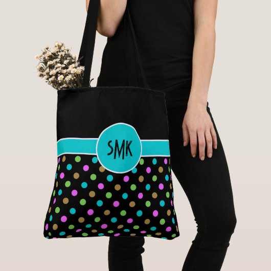 Retro chique polka stippen groot monogram tote bag (Dichtbij)