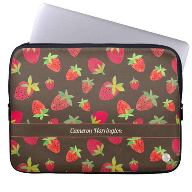 Retro Chocolade Bruin Gepersonaliseerde Aardbei Laptop Sleeve (Voorkant)
